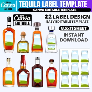 May include: A digital template for tequila bottle labels. The design includes various bottle shapes with customizable label spaces featuring a landscape design. The text includes "TEQUILA LABEL TEMPLATE" and "CANVA EDITABLE TEMPLATE".