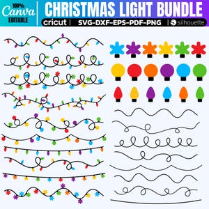 Könnte beinhalten: Ein Set mit 10 digitalen Schnittdateien für Weihnachtslichter. Die Dateien beinhalten verschiedene Lichtstile, darunter Lichterketten, einzelne Glühbirnen und Sterne. Die Dateien sind in den Formaten SVG, DXF, EPS, PDF und PNG verfügbar. Die Dateien sind kompatibel mit Cricut, Silhouette und anderen Schneidemaschinen.