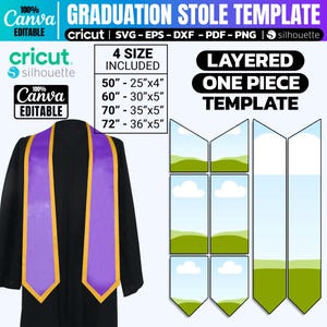 Può includere: Una stola di laurea viola con bordi dorati. La stola è lunga 72 pollici e larga 36 pollici. L'immagine mostra anche un modello a strati e un pezzo unico per una stola di laurea con un design di cielo e colline. Il modello è disponibile in quattro dimensioni: 50 pollici, 60 pollici, 70 pollici e 72 pollici.