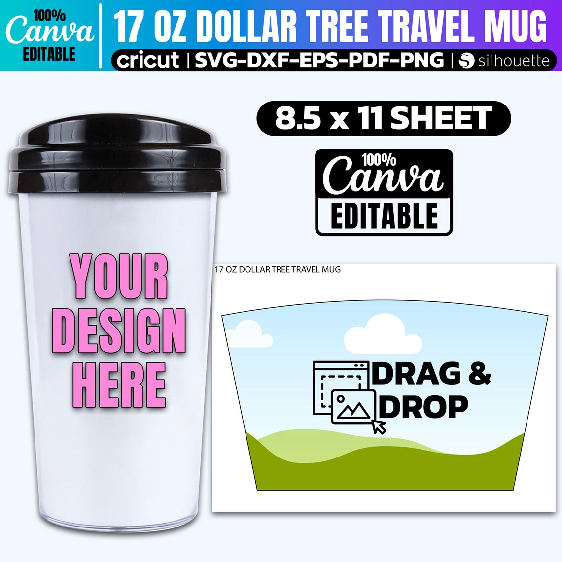 17oz Dollar Tree Travel Mug Template, Travel Coffee Cup Sublimation Template, Coffee Cup Full