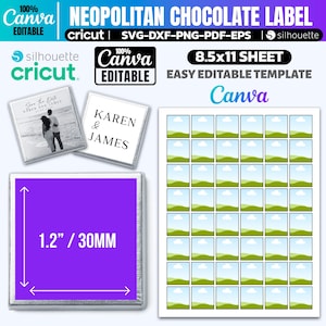 May include: A Neopolitan chocolate label template with the text "Canva Editable" and "Cricut". The design includes a sheet of labels, two sample labels with photos and names, and a purple label with dimensions of 30mm.