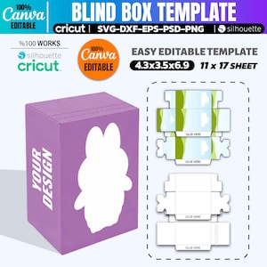 Puede incluir: Una plantilla de caja ciega morada con una silueta de conejo blanco. El diseño incluye el texto "YOUR DESIGN" y "BLIND BOX TEMPLATE". La plantilla es fácil de editar y compatible con máquinas Cricut y Silhouette. Las dimensiones de la caja son 11 x 8.9 x 17.5 cm.