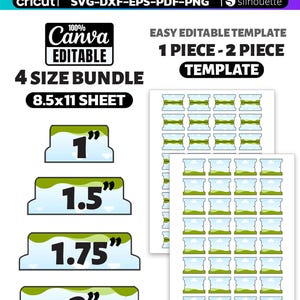 May include: A digital file tab template bundle featuring 1, 1.5, 1.75, and 2 inch sizes on an 8.5x11 sheet. The graphic includes text reading FILE TAB TEMPLATES BUNDLE, 100% Canva Editable, and 1 Piece - 2 Piece Template with SVG-DXF-EPS-PDF-PNG icons.