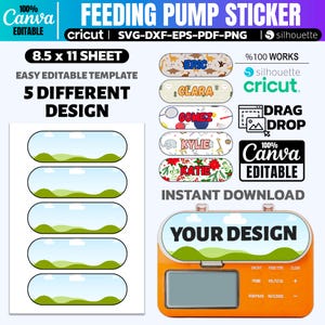 May include: A sheet of 8.5 x 11 inch feeding pump stickers with a variety of designs, including names and decorative patterns. The image also shows a feeding pump with a customizable design area and the text "YOUR DESIGN".