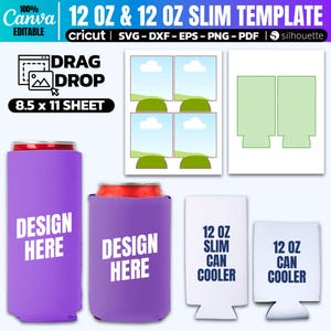 May include: A digital download template for creating 12 ounce and 12 ounce slim can coolers. The template includes four designs with clouds and grass, two blank can cooler outlines, and two examples of finished can coolers with the text "Design Here" and "12 oz Slim Can Cooler".