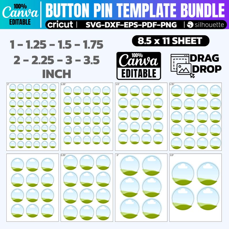 8 Size Button Pin Template Bundle SVG | Button Maker Template | Canva ...