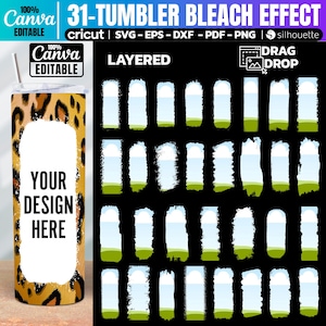 May include: A digital design for a tumbler with a leopard print background and a white space for adding text or a design. The design includes 31 layers of a bleach effect with green grass, blue sky, and white clouds.