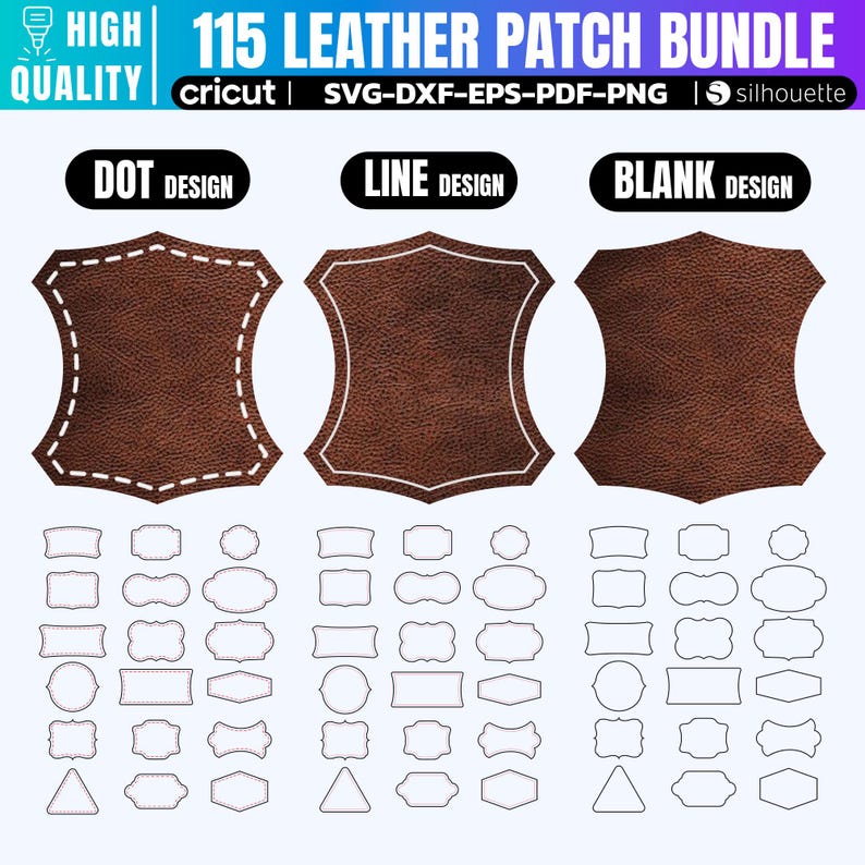 Op de afbeelding: Een set van 115 lederen patch-ontwerpen voor knutselprojecten. De ontwerpen omvatten een verscheidenheid aan vormen, waaronder cirkels, vierkanten, rechthoeken en driehoeken. De ontwerpen zijn verkrijgbaar in drie stijlen: stippen, lijnen en blanco. De ontwerpen zijn perfect om een ​​toets van rustieke charme aan uw projecten toe te voegen.
