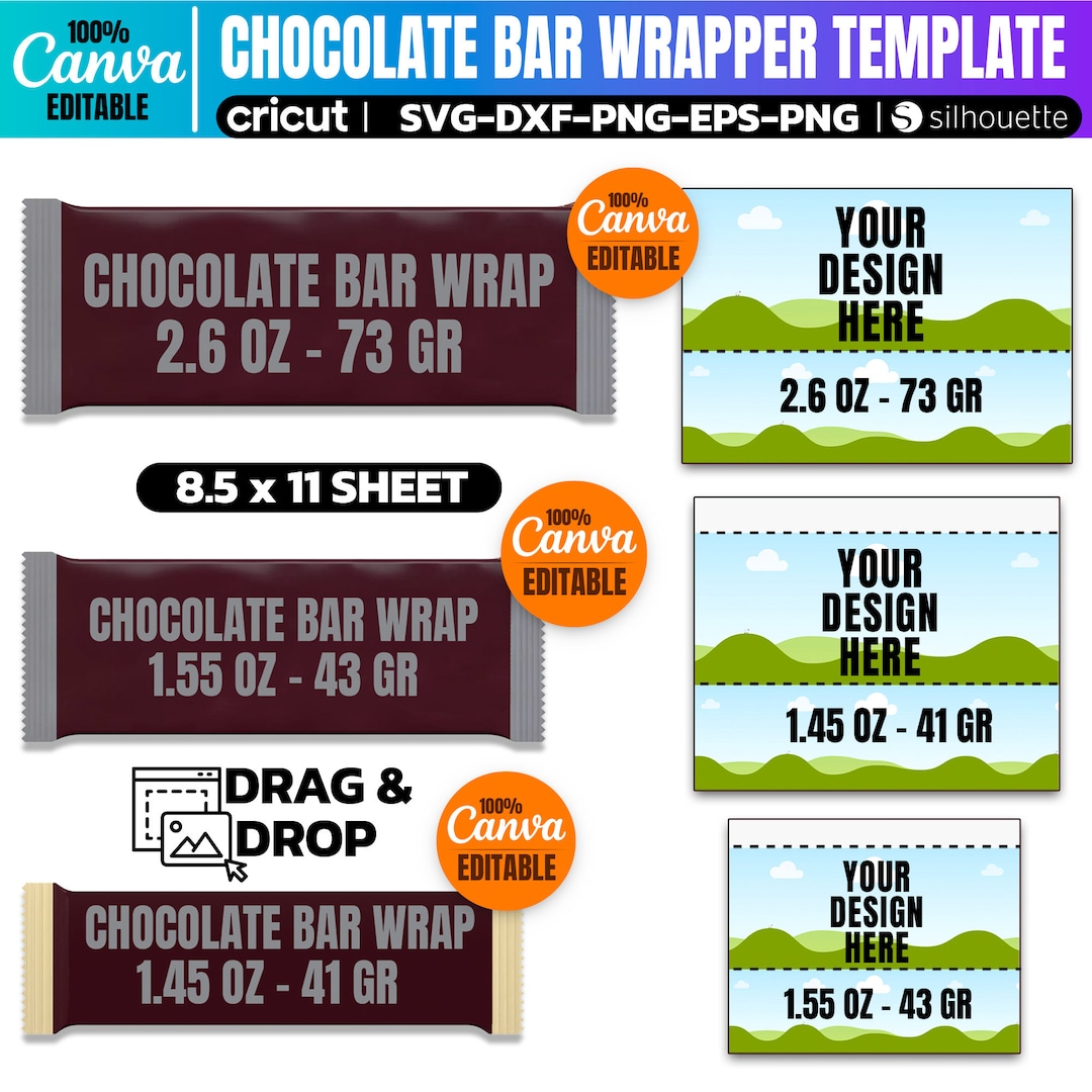Chocolate Bar Wrap Template Bundle, Chocolate Label Canva Template ...