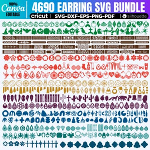 Könnte beinhalten: Eine große Sammlung von 4690 Ohrring-SVG-Designs in verschiedenen Farben und Stilen. Die Designs umfassen geometrische Formen, Tiere, Blumen und mehr. Die Designs sind perfekt, um individuelle Ohrringe für sich selbst oder zum Verkauf zu erstellen.
