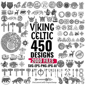 May include: A collection of 450 Viking and Celtic designs in black and white. The image includes various illustrations of animals, weapons, and symbols, with the text "VIKING CELTIC 450 DESIGNS 2000 FILES" in the center.