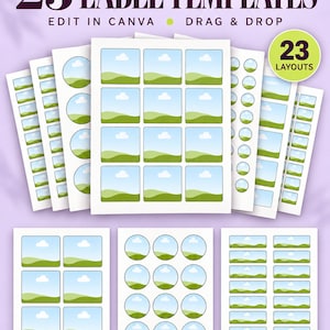 Könnte beinhalten: Eine digitale Sammlung von 23 Etikettenvorlagen mit verschiedenen Formen und Layouts auf 21,6 x 27,9 cm großen Blättern. Jedes Etikett zeigt eine Landschaftsgrafik mit grünen Hügeln und einem blauen Himmel mit Wolken. Der Text lautet 23 LABEL TEMPLATES, EDIT IN CANVA, DRAG & DROP, 23 LAYOUTS und US LETTER 8.5 x 11 IN.