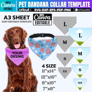 May include: A brown dog wearing a pink bandana with the text "YOUR DESING". The image also shows a blue and white paw print bandana, and size templates for pet bandanas. The text on the image says "PET BANDANA COLLAR TEMPLATE".