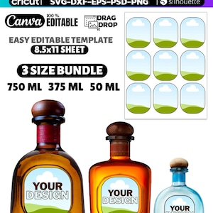 May include: A digital tequila label template bundle featuring three glass bottles of varying shapes and sizes, each with a customizable oval label showing a cloud and landscape graphic. Includes text for 8.5x11 inch sheets and file formats.