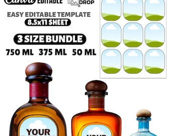 Plantilla editable para etiquetas de botellas de tequila, etiquetas para recuerdos de fiesta de tequila, pegatinas personalizadas para botellas en Canva, 750 ml, 375 ml, 50 ml.
