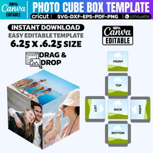 May include: A photo cube box template with a 6.25 x 6.25 inch size, featuring a family photo. The design includes the text "Instant Download" and "Easy Editable Template". The template is compatible with Cricut and Silhouette.