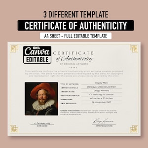 Certificat d'authenticité modifiable pour le modèle d'oeuvre d'art, certificat d'authentification d'artiste, certificat d'authenticité d'artiste Canva