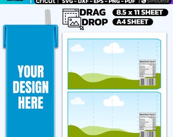 Könnte beinhalten: Eine druckbare Vorlage für eine 6 oz Saftbox. Die Vorlage zeigt eine blaue Saftbox mit dem Text "YOUR DESIGN HERE" und eine grüne und blaue Landschaft mit Wolken. Die Vorlage ist für den Druck auf A4-Papier oder 8,5 x 11 Zoll Papier ausgelegt.