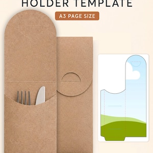 May include: A cutlery pouch holder template in A3 page size. The design features two brown paper pouches, one holding a silver fork and knife. A flat digital template shows a blue sky and green landscape graphic. Text includes SVG, EPS, PDF, PNG, DXF, CANVA, CRICUT, SILHOUETTE.