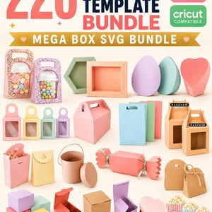 以下が含まれることがあります： 220 BOX TEMPLATE BUNDLE MEGA BOX SVG BUNDLEと題されたデジタルコレクションで、パステルカラーの様々な紙箱のデザインが特徴です。窓付きギフトボックス、ハート型容器、ポップコーンボックス、キャンディ型の箱などが含まれています。