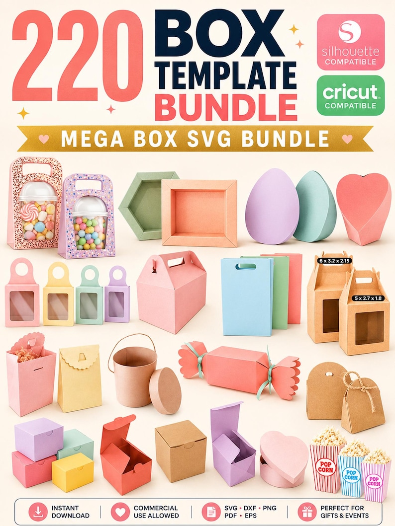 May include: A digital collection titled 220 BOX TEMPLATE BUNDLE MEGA BOX SVG BUNDLE featuring various paper box designs in pastel colors. Includes gift boxes with windows, heart-shaped containers, popcorn boxes, and candy-style boxes for crafting.