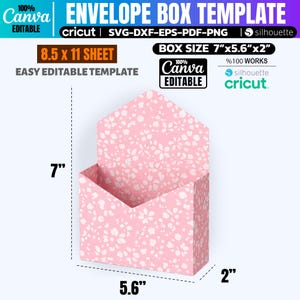 May include: Pink floral envelope box template with dimensions of 7" x 5.6" x 2". The design is easy to edit and compatible with Cricut and Silhouette machines. The template is for an 8.5 x 11 sheet and is 100% Canva editable.