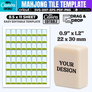 May include: A Mahjong tile template with a sheet of 8.5 x 11 inch tiles, each with a sky and grass design. A single beige tile with the text "YOUR DESIGN" is shown next to the sheet. The template is Canva editable.