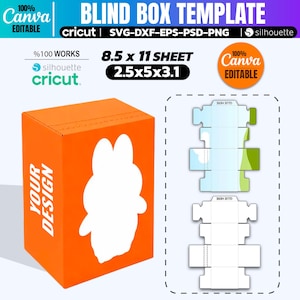May include: An orange blind box template with a white bunny-shaped cutout. The design includes the text "YOUR DESIGN" and "Canva EDITABLE". The template is for Cricut and Silhouette machines, with dimensions of 2.5 x 5 x 3.1 inches and an 8.5 x 11 sheet.