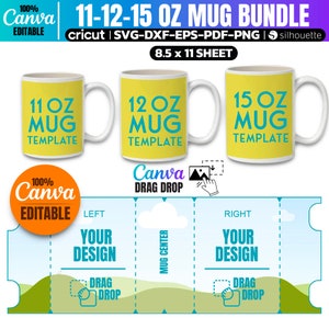 Peut inclure: Un téléchargement numérique de trois modèles de tasses pour des tasses de 11, 12 et 15 onces. Les tasses sont jaunes avec un bord et une poignée blancs. Le texte sur les tasses indique "11 oz Mug Template", "12 oz Mug Template" et "15 oz Mug Template". Le texte est en police bleue et blanche. L'image comprend également une zone de conception de glisser-déposer Canva.