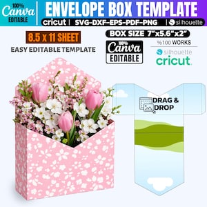May include: A pink envelope box template with a floral design, holding pink tulips and white flowers. The box size is 7"x5.6"x2". The template is easy to edit and works with Cricut and Silhouette machines. Text on the image includes "Canva Editable" and "Drag & Drop".