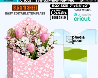 Plantilla SVG de caja de flores para sobre, caja de regalo editable en Canva, archivo de corte para Cricut Silhouette