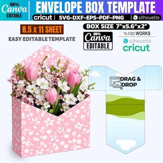 Envelope Flower Box Template SVG, Canva Editable Gift Box, Cricut Silhouette Cut File