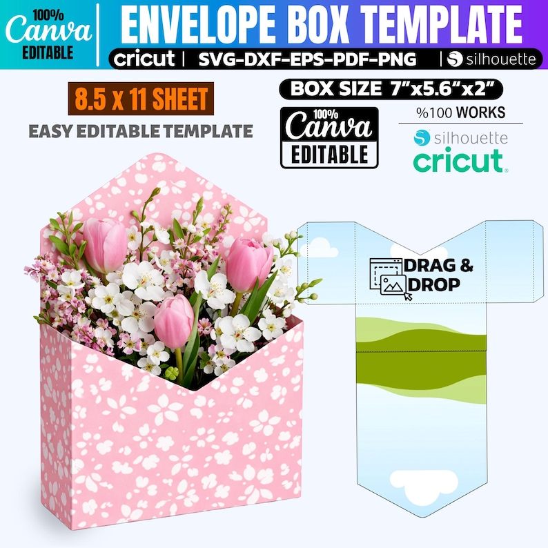 May include: A pink envelope box template with a floral design, holding pink tulips and white flowers. The box size is 7"x5.6"x2". The template is easy to edit and works with Cricut and Silhouette machines. Text on the image includes "Canva Editable" and "Drag & Drop".