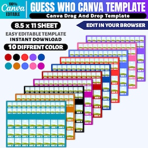 Pu&ograve; includere: Un modello Canva per il gioco "Indovina chi?", con un design drag-and-drop. Il modello &egrave; un foglio A4 ed &egrave; disponibile in 10 colori diversi. Il design include spazi per nomi e immagini, con il testo "Edit in your browser".