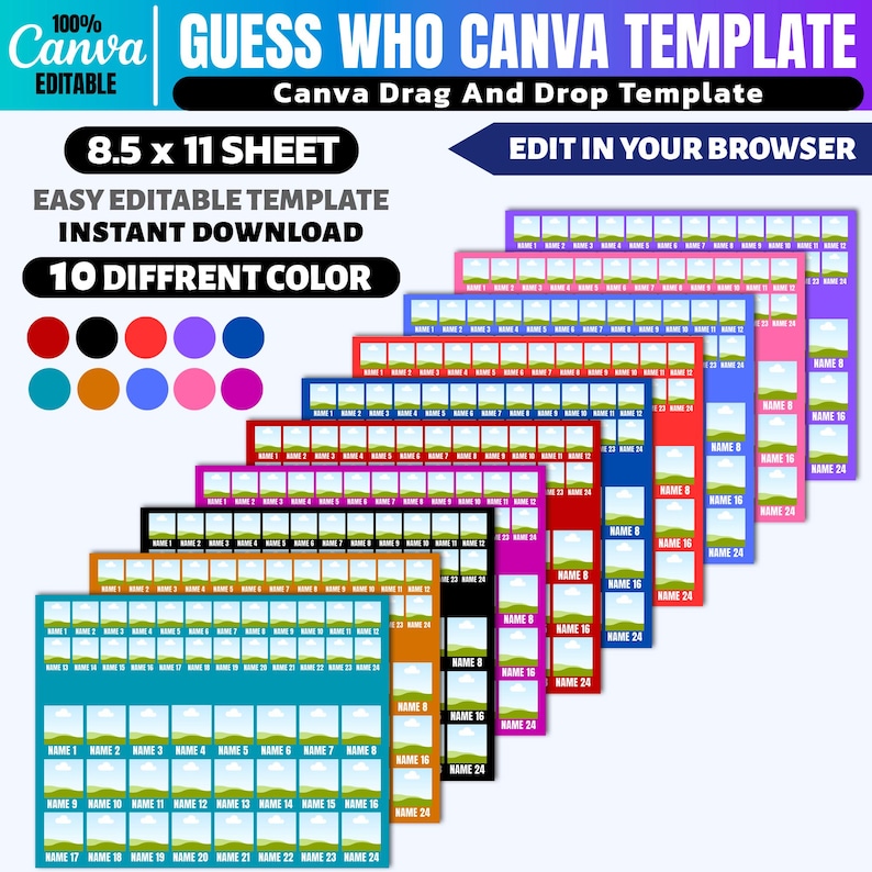 Pu&ograve; includere: Un modello Canva per il gioco "Indovina chi?", con un design drag-and-drop. Il modello &egrave; un foglio A4 ed &egrave; disponibile in 10 colori diversi. Il design include spazi per nomi e immagini, con il testo "Edit in your browser".