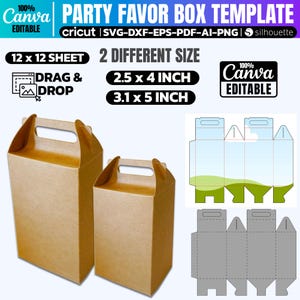 Puede incluir: Una plantilla imprimible para una caja de regalo de fiesta. La plantilla incluye dos tamaños diferentes: 2,5 x 4 pulgadas y 3,1 x 5 pulgadas. La plantilla está diseñada para ser recortada y ensamblada en una caja con asa.