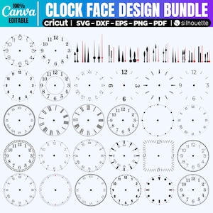 May include: A digital design bundle featuring various clock face designs, including Roman numerals, Arabic numerals, and minimalist styles. The image includes clock hands and the text "CLOCK FACE DESIGN BUNDLE" and "Canva Editable".