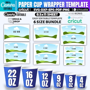 Könnte beinhalten: Eine digitale Papierbecher-Wrapper-Vorlage mit Landschaftsdesign, erhältlich in sechs Größen: 4 oz, 8 oz, 9 oz, 12 oz, 16 oz und 22 oz. Die Vorlage ist mit Cricut- und Silhouette-Maschinen kompatibel und in Canva bearbeitbar.