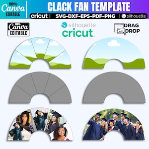 Puede incluir: Una plantilla de abanico de graduaci&oacute;n con un cielo azul y colinas verdes, una plantilla gris y dos ejemplos de abanico con fotos de graduados. El texto en la imagen dice "Clack Fan Template", "Cricut", "silhouette", "Drag Drop" y "100% Canva Editable".