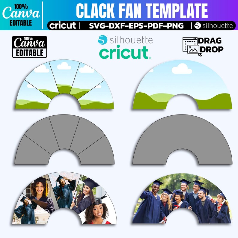 Puede incluir: Una plantilla de abanico de graduaci&oacute;n con un cielo azul y colinas verdes, una plantilla gris y dos ejemplos de abanico con fotos de graduados. El texto en la imagen dice "Clack Fan Template", "Cricut", "silhouette", "Drag Drop" y "100% Canva Editable".