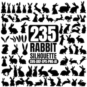 May include: A collection of 235 black rabbit silhouettes in various poses, including running, jumping, and sitting. The image includes text that reads "235 Rabbit Silhouette" with file type information.
