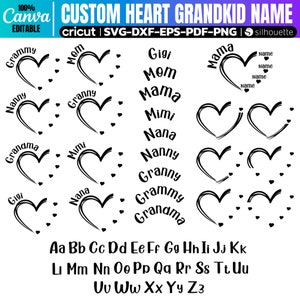 Nombre de nieto en forma de corazón editable Svg, Svg de corazón personalizado, Svg de mamá personalizado para Cricut, Mimi, abuela, Grammy Heart Svg, regalo del Día de la Madre SVG