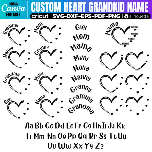 Editable Heart Grandkid Name Svg, Custom Heart Svg, Personalized Mama Svg for Cricut, Mimi, Grandma, Grammy Heart Svg, Mothers Day Gift SVG