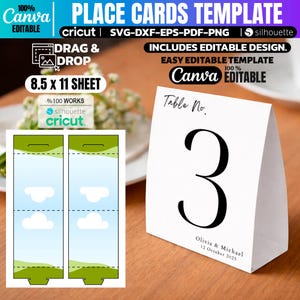 Puede incluir: Plantilla de tarjeta de mesa blanca con el número 3 en negro, con los nombres Olivia & Michael y la fecha 12 de octubre de 2025. El diseño incluye una función de arrastrar y soltar y mide 21,59 x 27,94 cm. Editable en Canva y compatible con Cricut.