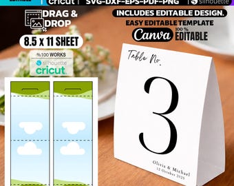 Place Cards Template Canva Editable, Wedding Table Numbers Template Printable, Cricut-Silhouette