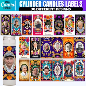 Peut inclure: Une bougie cylindrique blanche avec un portrait d'homme, entourée d'un motif floral et du nom "JOSÉ". L'image présente également diverses étiquettes colorées avec des portraits, des crânes et des éléments floraux. Le texte sur les étiquettes comprend "CYLINDER CANDLES LABELS" et "30 DIFFERENT DESIGNS".
