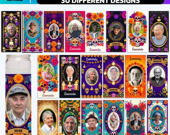 Plantilla de etiqueta de vela del Día de los Muertos, decoración de calavera de azúcar (Canva editable, PDF)