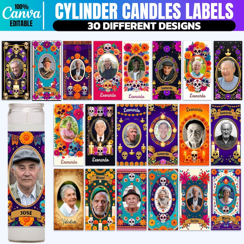 May include: A white cylinder candle featuring a portrait of a man, with a floral design and the name "JOS&Eacute;". The image also displays various colourful labels with portraits, skulls, and floral elements. Text on the labels includes "CYLINDER CANDLES LABELS" and "30 DIFFERENT DESIGNS".