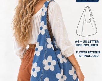 Denim Hobo Bag Sewing Pattern PDF, Flower Template and Video Tutorial