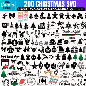 May include: A collection of 200 Christmas-themed SVG cut files in black. Includes various holiday icons such as Christmas trees, ornaments, stars, gingerbread men, and text elements like "Merry Christmas". The top left corner says "100% Canva Editable".